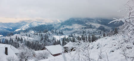 Winter Mountain Village Landscape, Nature Panoramic Image