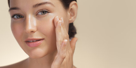Cosmetics Skin Care Concept Photo of Close-up Woman Perfect Face with Hydrated Skinの写真素材