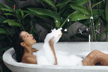 Bath and Body Care Day of Spa Woman in Bathtub, Tropical Bathroom Interior