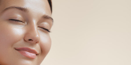 Skincare Beauty Closeup Female Face with Healthy Skin, Natural Makeupの写真素材