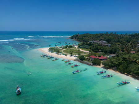 Aerial view of famous beach of the south coast of Sri Lanka, area near the town of Weligamaの写真素材