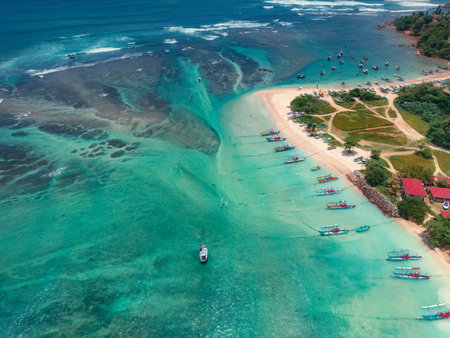Aerial view of famous beach of the south coast of Sri Lanka, area near the town of Weligamaの写真素材
