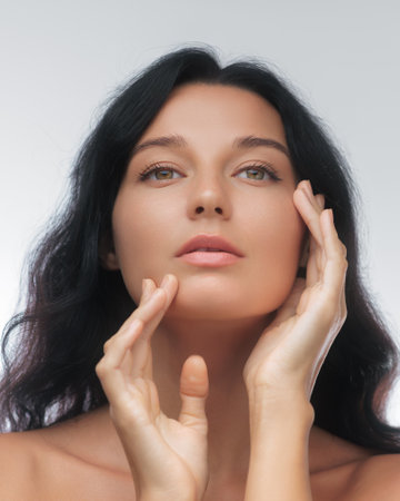 Cosmetics Skin Care Concept Photo Close-up Woman Perfect Face, Hydrated Skinの写真素材