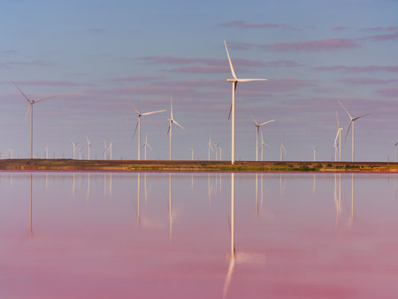 Wind Turbines Reflected in Pink Salt Lake at Sunset