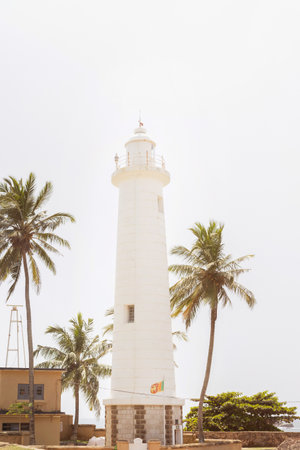 White Lighthouse at Galle Fort Surrounded by Palm Trees in Sri Lankaの写真素材