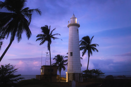 Galle Lighthouse at Twilight with Palm Trees and Purple Sky in Sri Lankaの写真素材