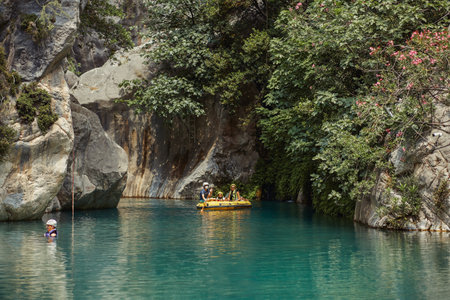 Group Enjoying Rafting Adventure in Turquoise Waters of Goynuk Canyon, Turkeyの写真素材