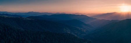 Breathtaking Sunrise Over Carpathian Mountain Ridge Panorama