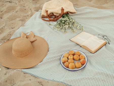 Cozy Beach Picnic Setup with Hat, Apricots, and Bookの写真素材