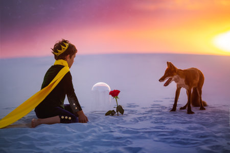 Little Prince With Rose And Fox In Magical Desert Sunsetの写真素材