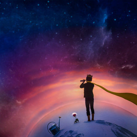 Little Prince Gazing At Starry Sky With Rose And Telescopeの写真素材