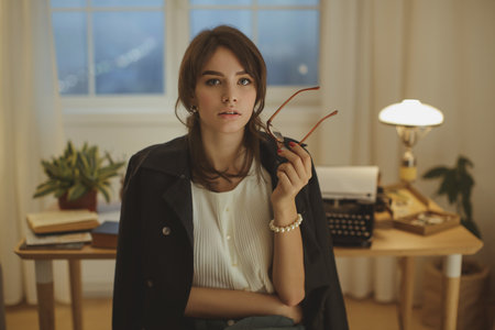Stylish Young Woman In Office Setting Holding Glasses With Confident Poseの写真素材