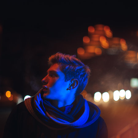 Stylish Man In Blue And Pink Neon Lights With Futuristic Glow
