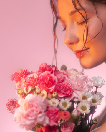 Woman With Closed Eyes Smelling Bouquet of Pink Carnations and Daisiesの写真素材