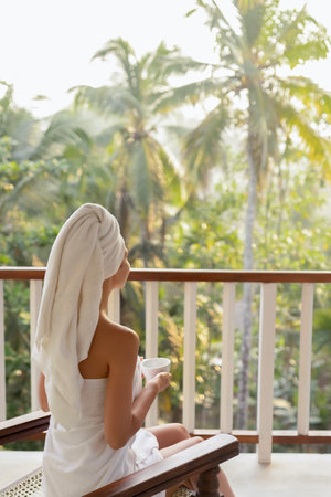 Woman in Towel Enjoying Coffee on Tropical Balcony with Sunrise Viewの写真素材