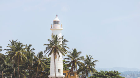 Tropical Lighthouse at Galle Fort Sri Lanka Surrounded by Palm Treesの写真素材