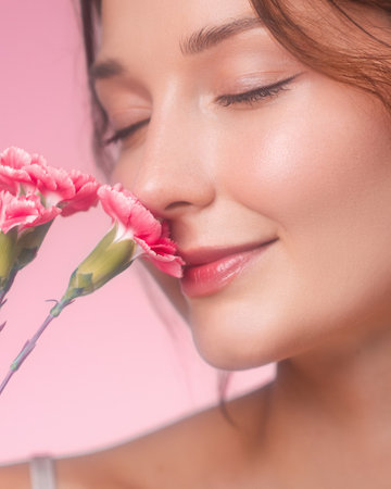 Smiling Woman With Eyes Closed Smelling Pink Carnation Flowersの写真素材
