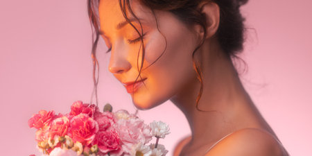 Studio Beauty Banner Of Woman Leaning Into Flower Bouquet With Glowing Skinの写真素材