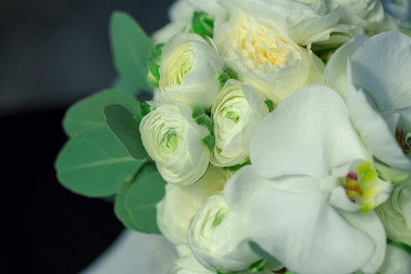 Elegant White Ranunculus, Rose, And Orchid Bouquet With Eucalyptusの写真素材