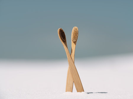 Eco-Friendly Bamboo Toothbrushes Standing on White Sandの写真素材