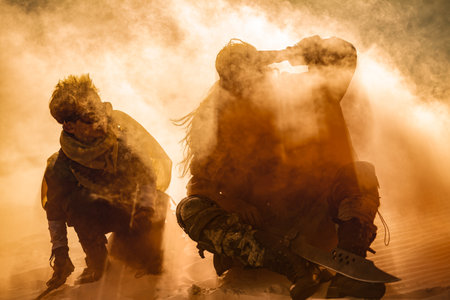 Post-Apocalyptic Survivors In Sandstorm With Weapons And Dramatic Lightの写真素材