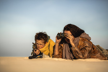 Post-Apocalyptic Woman And Boy Scouting With Binoculars And Rifleの写真素材