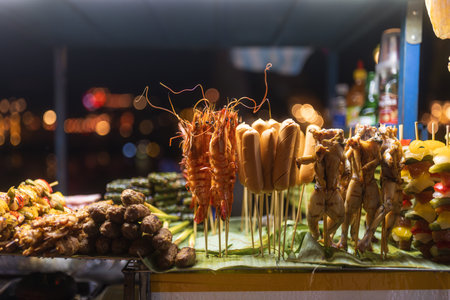 Vietnamese Street Food Stall at Hoi An Night Market With Grilled Skewersの写真素材