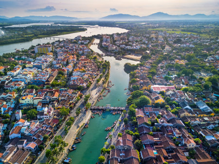 Drone View Of Hoi An Townscape With River Network And Sunset Horizonの写真素材