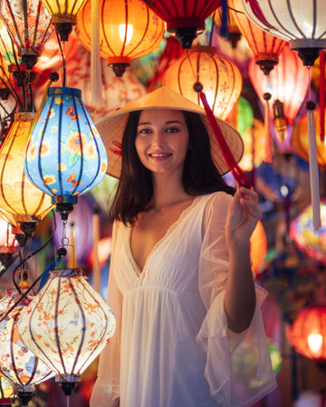 Beautiful Woman In Lantern Market In Hoi An Vietnam With Conical Hat