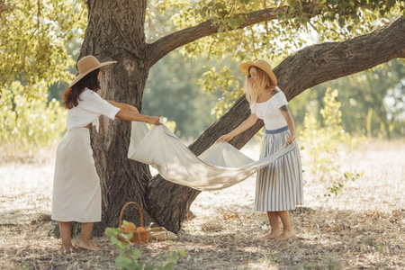 Friends Preparing Picnic Spot Under Tree In Forestの写真素材