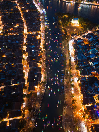 Magical Aerial Night View of Hoi Ans Lantern Festival, Vietnamの写真素材