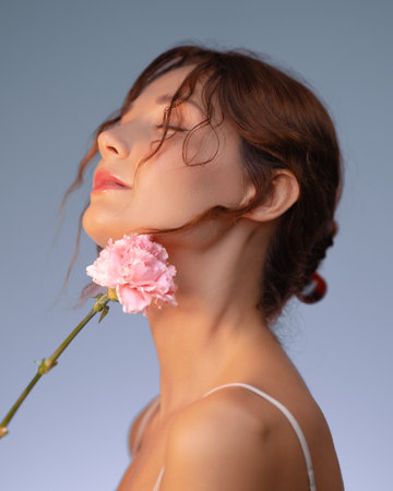 Romantic Closeup Of Young Woman With Flower On Elegant Blue Backgroundの写真素材