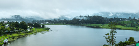 Panoramic View of Lake Gregory Surrounded by Hills and Town in Sri Lankaの写真素材
