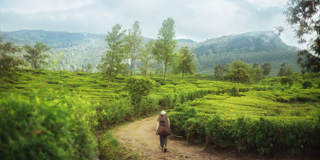 Back View Of Tea Picker In Lush Green Plantation In Sri Lankan Highlands