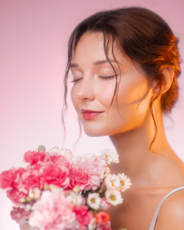 Romantic Portrait Of Woman With Closed Eyes Smelling Pink Flowers In Warm Lightの写真素材