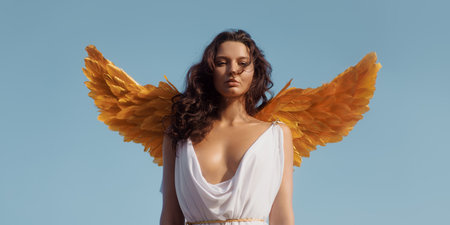 Mysterious Angelic Woman in White Dress With Golden Wings Outdoorsの写真素材