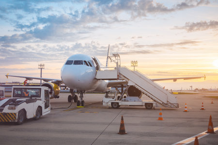 Commercial Airplane On Tarmac At Sunset With Mobile Stairs And Service Vehiclesの写真素材
