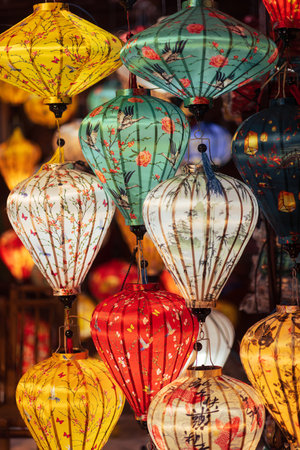 Traditional Vietnamese Lanterns In Hoi An With Colorful Floral Designs