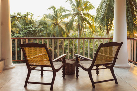 Cozy Tropical Balcony With Chairs And Palm Tree View At Exotic Resortの写真素材