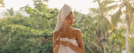 Wellness Concept Woman In Towel Holding Cup On Balcony With Tropical View