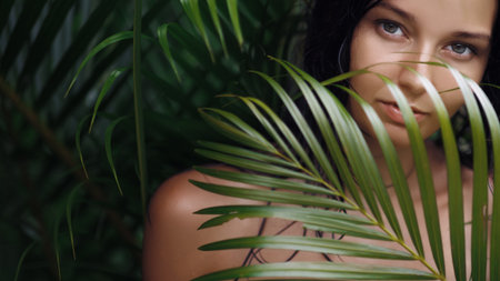 Exotic Woman Behind Palm Leaves Sensual Tropical Banner Portraitの写真素材