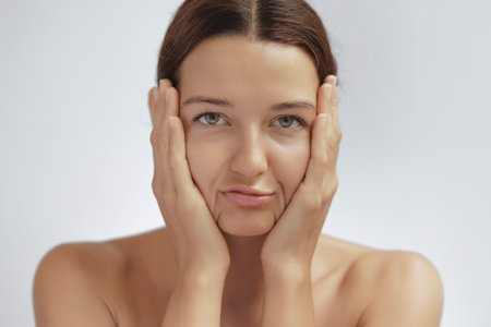 Woman Distorting Face By Pulling Skin Down In Skincare Concept Shotの写真素材