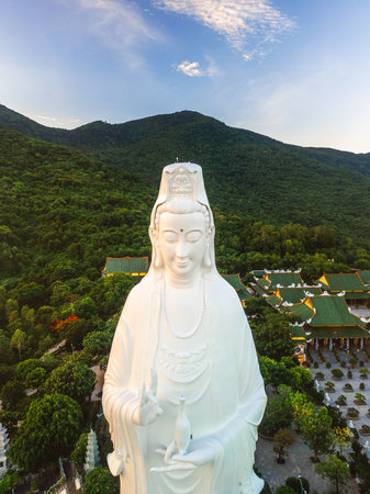 Close Aerial View Of Lady Buddha Statue At Linh Ung Pagoda Da Nang Vietnamの写真素材