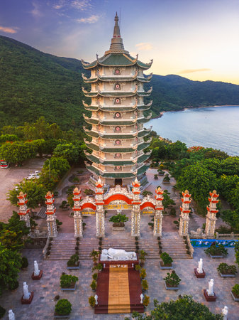 Aerial View Of Linh Ung Pagoda Tower Overlooking The Coast In Da Nang Vietnamの写真素材