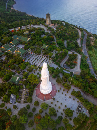 Aerial View Of Lady Buddha Statue And Linh Ung Pagoda Complex By The Sea In Da Nangの写真素材
