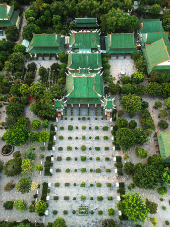 Drone View Of Linh Ung Pagoda Temple Complex With Green Roofs In Da Nang Vietnamの写真素材