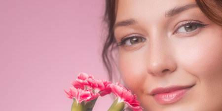 Close-Up of Smiling Woman with Pink Flowers and Perfect Glowing Skinの写真素材