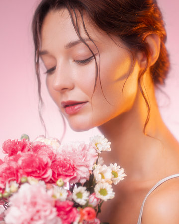 Studio Beauty Portrait Of Woman With Glowing Skin And Pink Flower Bouquetの写真素材
