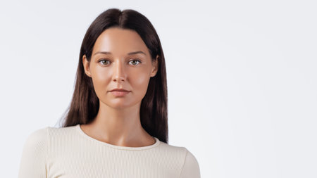 Minimal Beauty Portrait of Woman in Beige Outfit Looking Into Cameraの写真素材