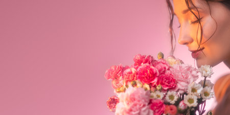 Woman Smelling Fresh Bouquet Of Flowers On Pink Backgroundの写真素材